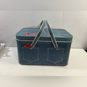 Vintage Metal Picnic Basket Blue Jean Design Cheinco USA Cups Plates Flatware